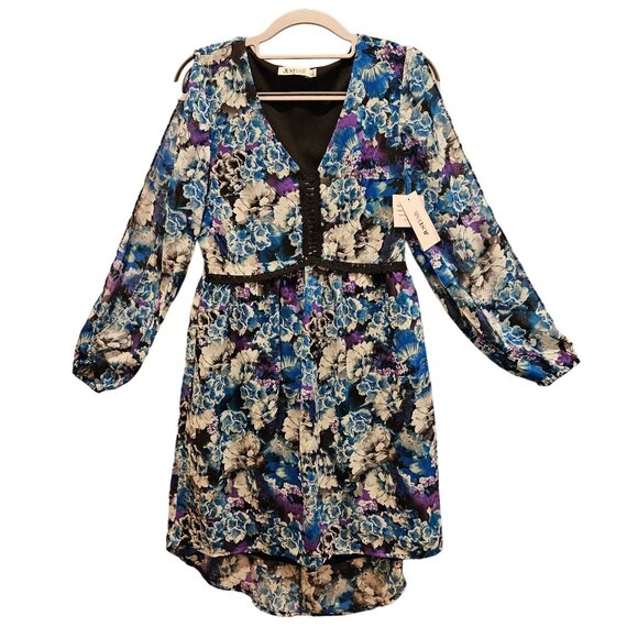 NWT JustFab Dress Womens XS Floral Bright Colorful Side Zip Black Lace Hi Lo Hem - Picture 1 of 12